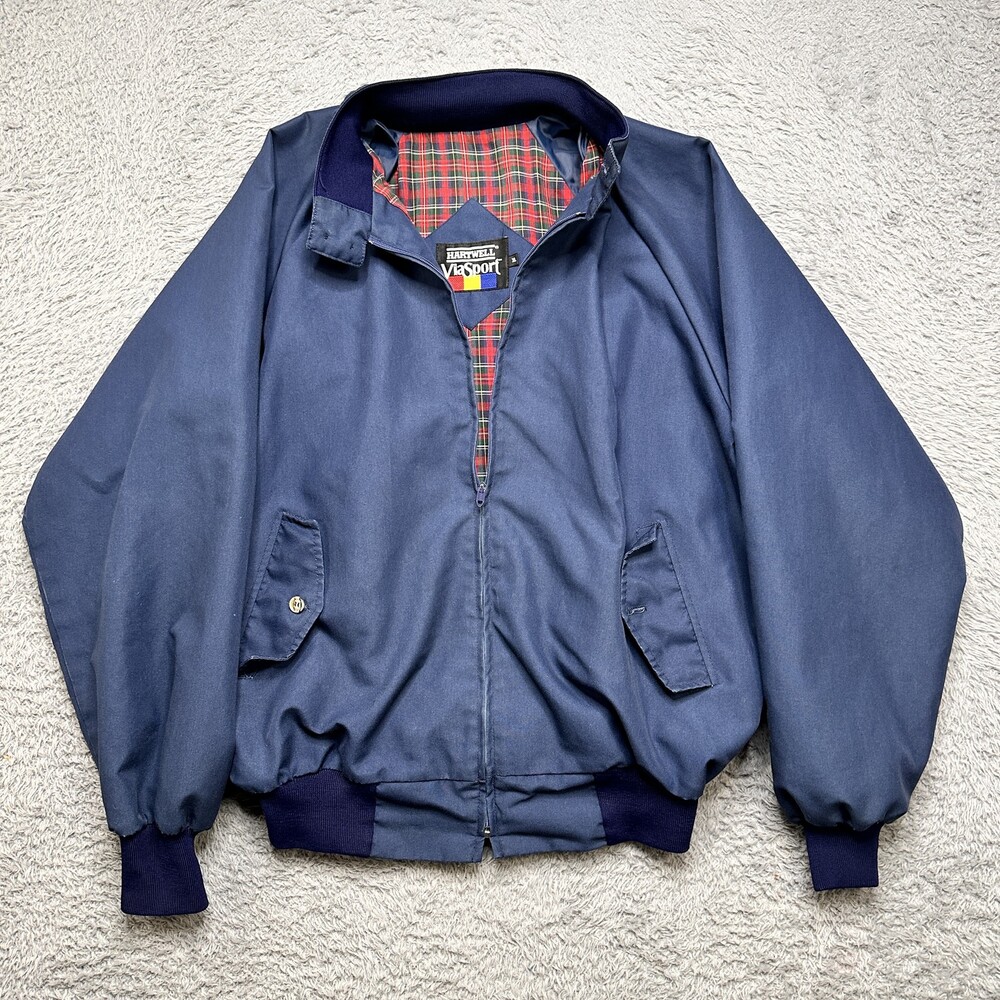 Vintage USA Made Harrington Jacket Mens XL Blue Tartan Lined Hartwell Viasport